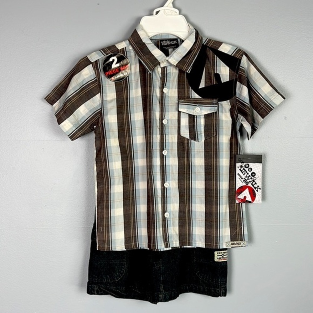 AIRWALK Boys 2 piece outfit - button down shirt & adjustable waste denim shorts